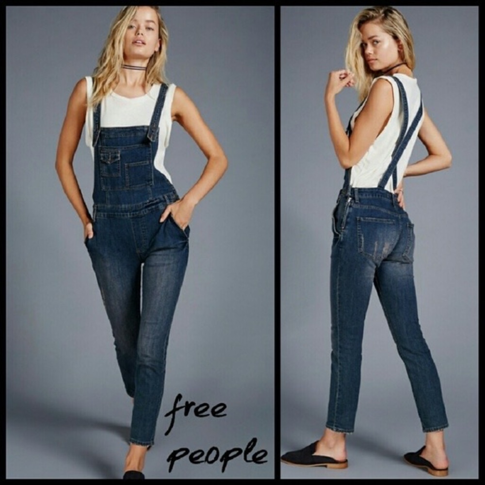 Free People Century Denim Overalls Dark Blue
